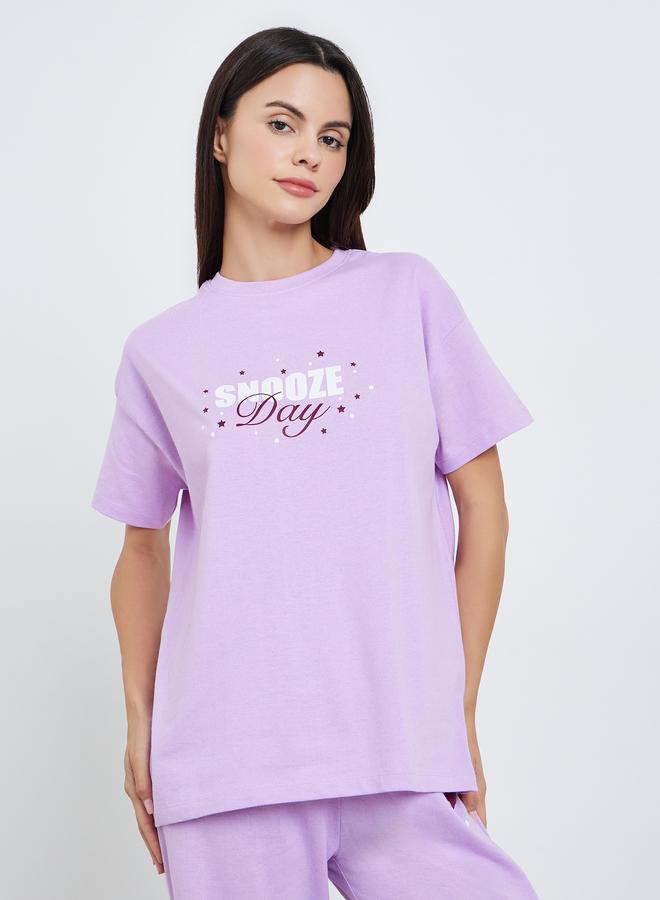 Styli Women Lilac Graphic Print T-Shirt and Pyjama Set - Image 1